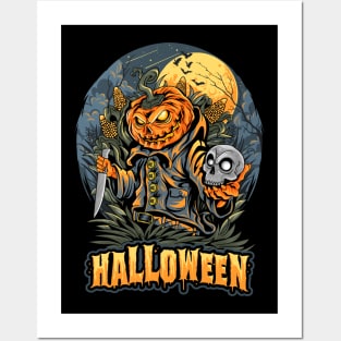 halloween scarecrow skull head pumpkins artwork Posters and Art